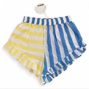 NWT STAUD Blue and Yellow Striped Ruffle Shorts